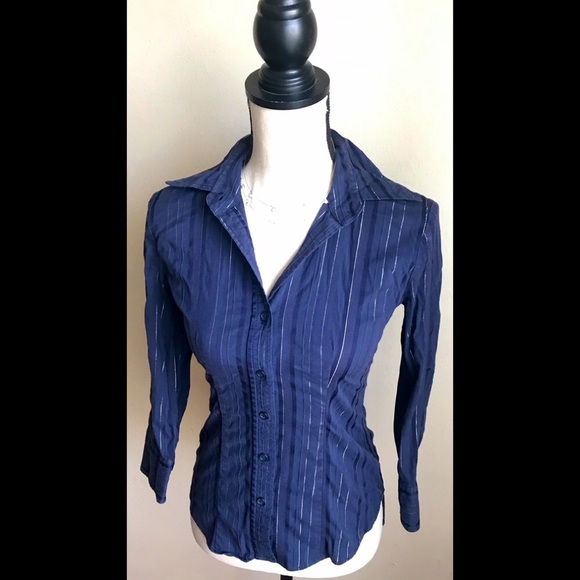 Navy Blue & Silver Striped Stretch 3/4 Sleeves Button Up Top, XS - Picture 2 of 5